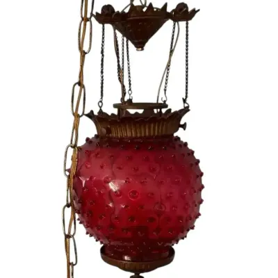 Victorian Cranberry Hobnail Glass Hanging Pendant Light