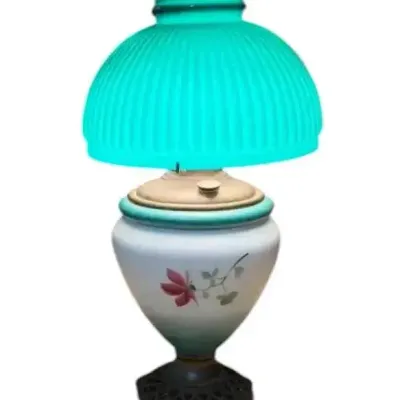 19” Antique Victorian Hand Painted Lamp With Brass Stand 
