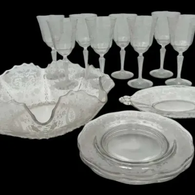 Etched Glass Wine Glasses And Serving Dishes