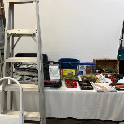 Garage Lot- Ladders, Tarps, Power Inverter, Rotary & More