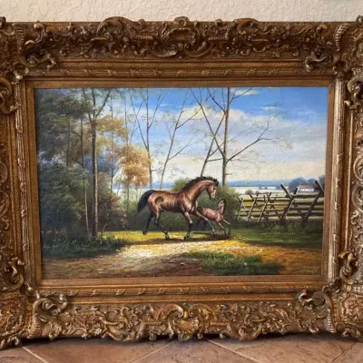 Antique Style Equestrian Oil Painting