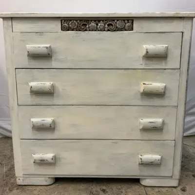 Vintage Wooden Four Drawer Dresser, White Distressed