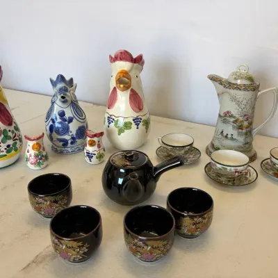 Vintage Japanese Sake/Tea Set And Hand painted Roosters With Creamers 