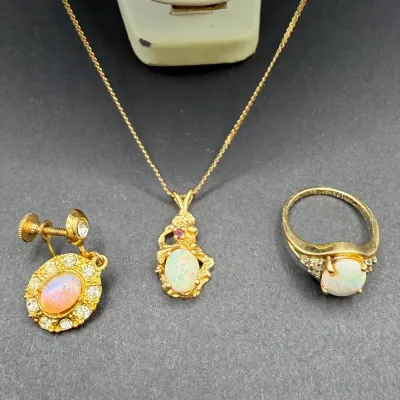 Vintage 14K Opal Style And Diamond Ring With 14K Necklace And Opal Pendant