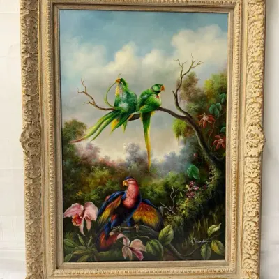 Framed Oil Painting Of Tropical Parrots In A Lush Tropical Scene