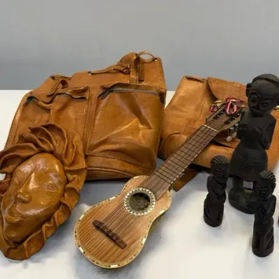 Leather Backpacks & Face Mask, Charango, Wood Hand Carved Figures 