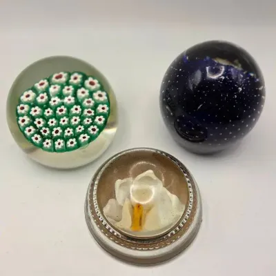 Vtg. Millefiori, Cobalt Blue And White Flower Glass Paperweights (3pc)
