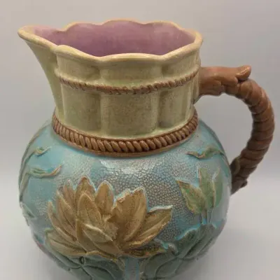 Antique English Majolica Waterlily And Rope Pattern Pitcher