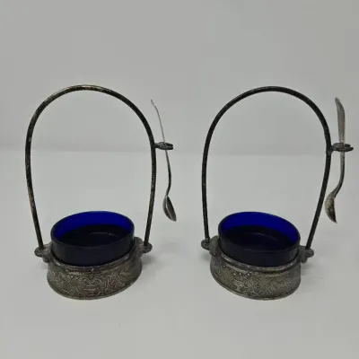 Vintage Silver Plated Preserve Basket With Removable Cobalt Blue Glass Bowls And Serving Spoons