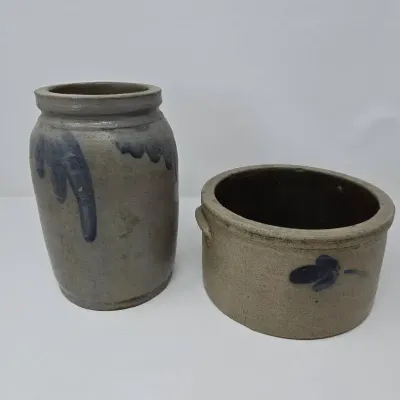 Antique Stoneware Crocks With Blue Accents Set Of 2