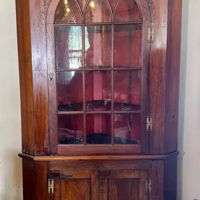 Antique Wooden Corner Cabinet With Arched Glass Front Door + 2 Lower  Solid Doors 