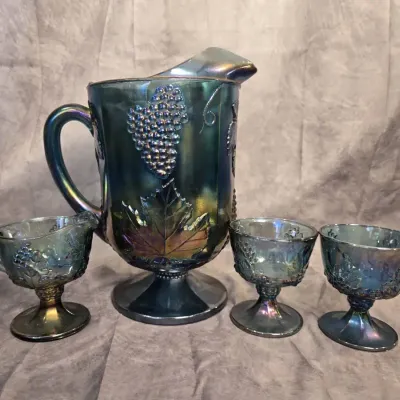 Indiana Glass Harvest Grape Blue Carnival Drinkware Pitcher And Cups