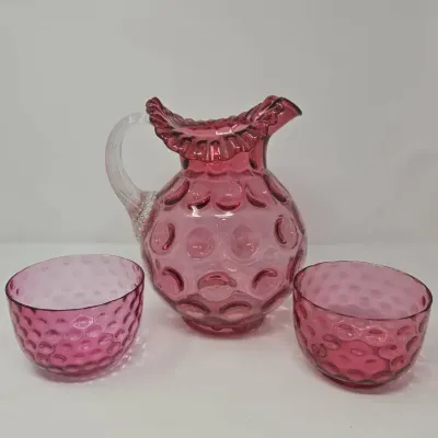 Vintage Fenton Cranberry Coin Dot Pattern Pitcher And 2 Finger Bowls