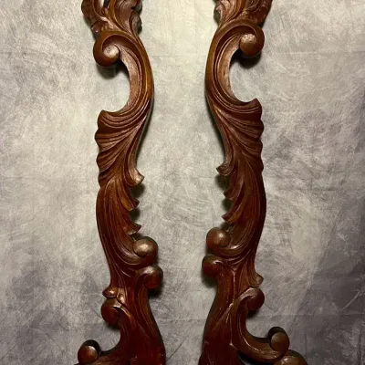 Antique Pair Of 33” Wooden Architectural Salvage Scroll Brackets  
