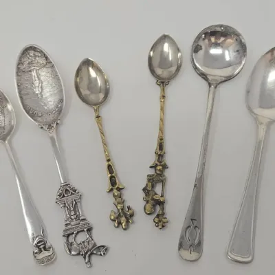 2 Antique Sterling Silver Souvenir Spoons And 4 Gold And Silver Plated Spoons SS weight 23.7g