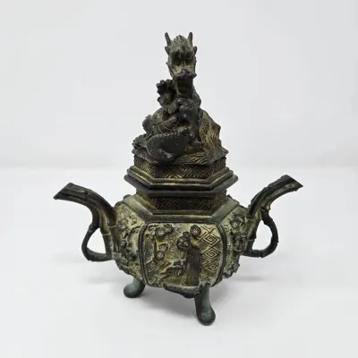 19th Century Four Arts Relief Incense Burner With Dragon Lid