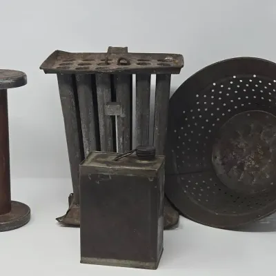 Antique Rustic Household Lot Taper Candle Mold, Colander, Spool And Tin Can With Twist Cap