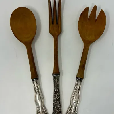 Antique Sterling Silver Frank M. Whiting 3-Pc Wood Salad Serving Set, Victoria & Lily Approx. 147.6g