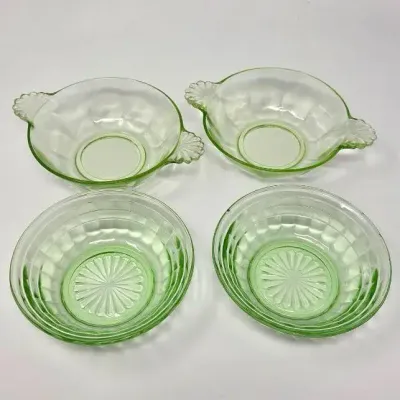 Vtg. Anchor Hocking Depression Glass Uranium UV Bowls 2 With Handles, 2 Without