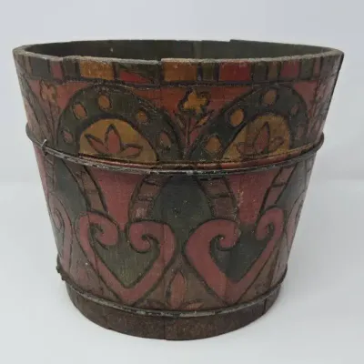 Antique Hand Painted Wooden Bucket Hand Signed 1901