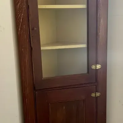 Vintage Wooden Corner Cabinet With Glass Door & 6 Shelves 