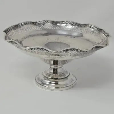 Antique Sterling Silver Pedestal Bowl Scalloped Pierced Rim Flared Footed Base Cement Appx 170.4g