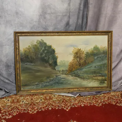 Vintage Signed Oil Landscape Painting, Rustic Gate & Autumn Trees, 33" × 21"