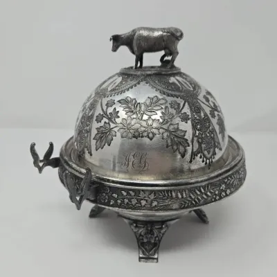 Antique Victorian Quadruple Silver Plate Covered Butter Dish