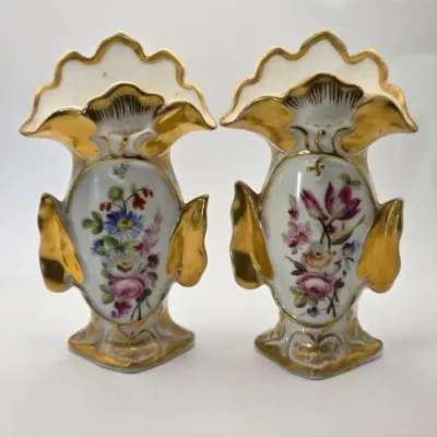 18th Century Old Paris Porcelain Spill Vases Hand Painted Gold Gilded Leaf