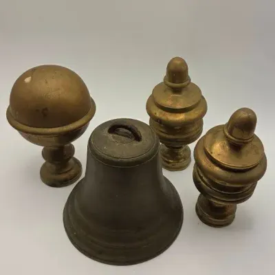 Vintage Brass Finials And Bell (4 Pcs)