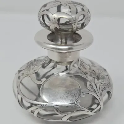 Antique Art Nouveau .999 Silver Perfume Bottle Ornate Pure Silver .999 Overlay C. 1890's 1 Of 2