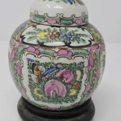 Vintage Famille Lidded ACF Ginger Jar With Wooden Stand