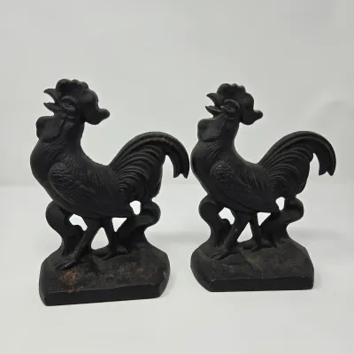 Antique Cast-Iron Rooster Bookends Pair