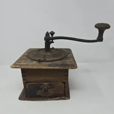 Antique Wooden And Cast Iron Coffee Grinder 