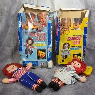 Pair Of Vintage Raggedy Ann And Raggedy Andy Push Button Marionette Dolls I. Original Boxes By Knick