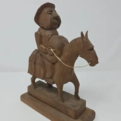 Vintage Wooden Hand Carved Figurine Of Sancho Panza On A Donkey