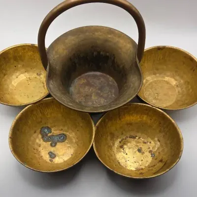 Hammered Brass Basket And 4 Bowls