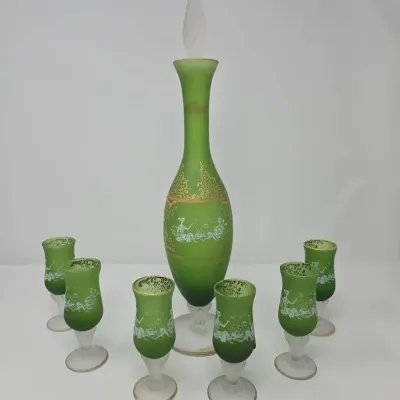MCM Vintage Bohemian Green Murano Glass Decanter Set With 6 Cordial Glasses