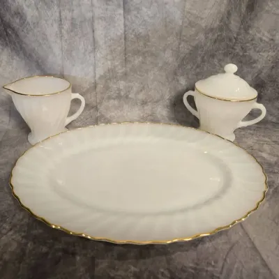 Vintage Anchor Hocking Fire King Milk Glass Swirl Platter Cream And Sugar