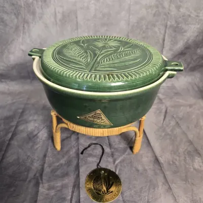 Ernest Sohn Creations MCM Chafing Dish Butter Mold Pattern With Rattan Stand