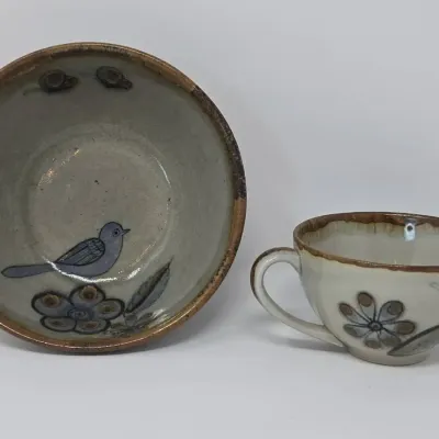 Vintage Tonala Mexico Pottery Cup And Bowl Birds And Butterflies