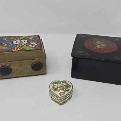 Vintage Trinket Boxes USSR Folk Art, Chinese Cloisonne Enamel Brass And Wood And Enamel Heart