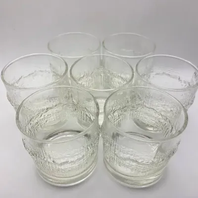 Set Of 7 MCM 12 oz. Old Fashion Glass Cups. "Niva" Design By Iittala