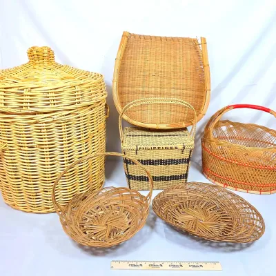 Sale Photo Thumbnail #50: Assorted Baskets Including Wicker Laundry Basket, Rice Basket, Picnic Basket, and Other Decorative 