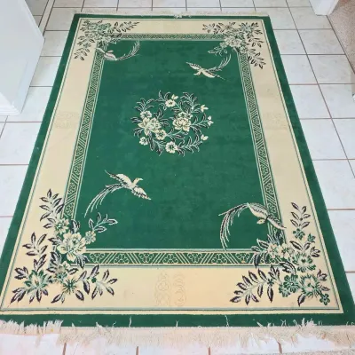 Sale Photo Thumbnail #55: 90" X 66.5" Green Area Rug with Cream Border and Flying Bird And Floral Details 