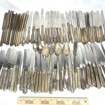 Sale Photo Thumbnail #17: Huge Lot Of Silver Plate Butter Knives Of All Designs, Spoons, And A Fork