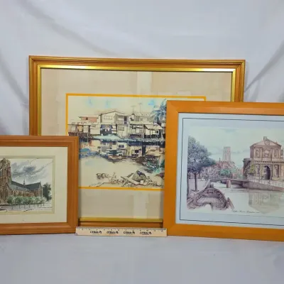Sale Photo Thumbnail #53: Three Framed Architectural Artwork Pieces. Two Watercolor and One Pencil