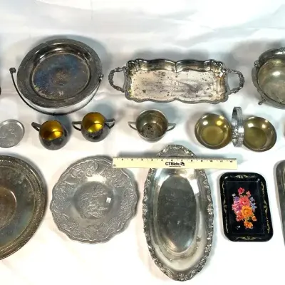 Sale Photo Thumbnail #11: Assortment Of Silver Plate and Other Metals Serving Plates & Kitchenware & Shaker & Bell