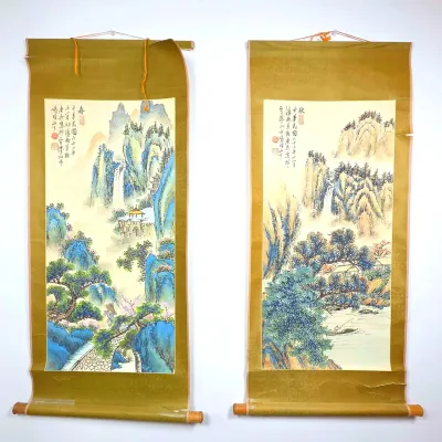 Sale Photo Thumbnail #45: Two Vintage Traditional Chinese Landscape Painting Scrolls with Some Tears and Damage 38" X 19"
