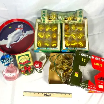 Sale Photo Thumbnail #13: Vtg Christmas - Ornaments Shiny Bright, Gold Satin, Coca-Cola Plate & More